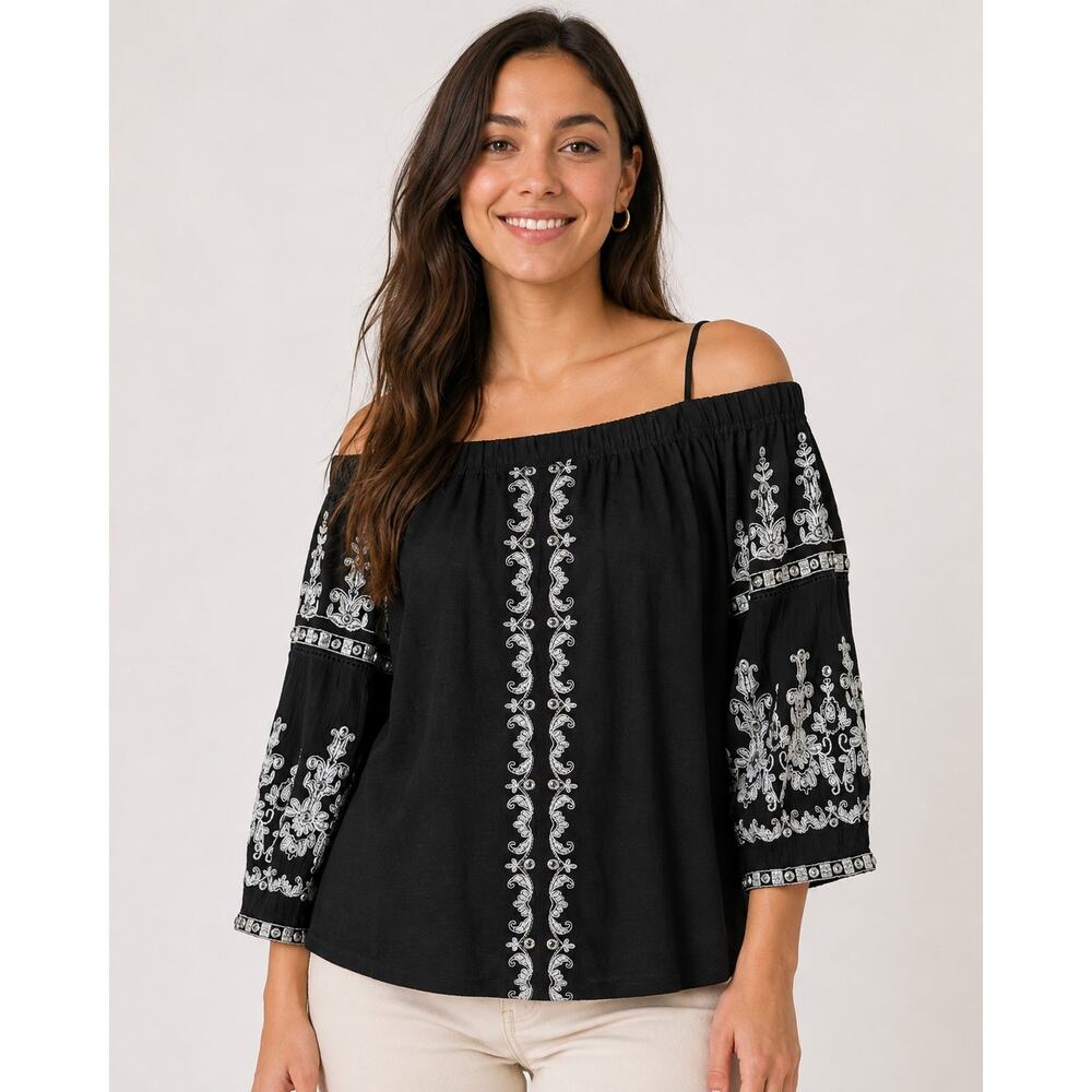 Black Embroidered Off Shoulder Top Size M